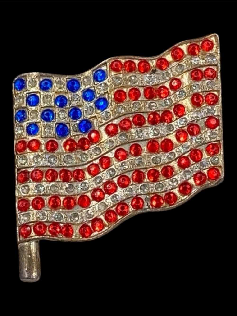 Vintage Waving American Flag Rhinestone Brooch